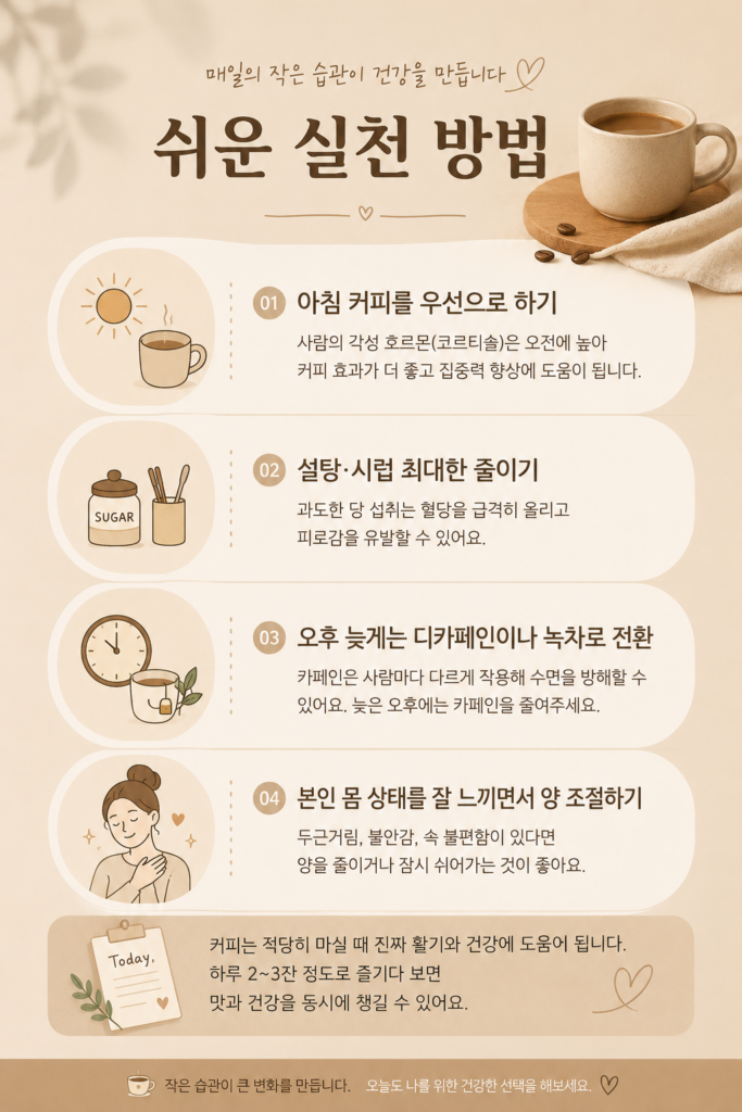 커피 건강하게 마시는 4가지 실천 팁 인포그래픽
